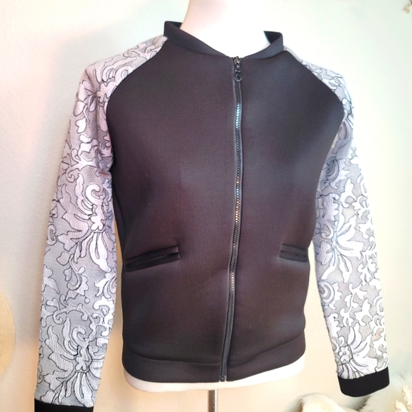 NWOT MAY & JULY SCUBA NEOPRENE BODY W LACE LONG SLEEVE BOMBER JACKET - Picture 1 of 16